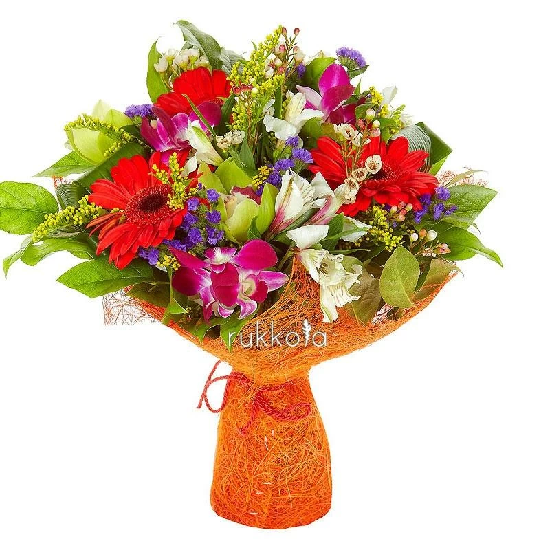 Букет с красными герберами, орхидеями и альстромериями