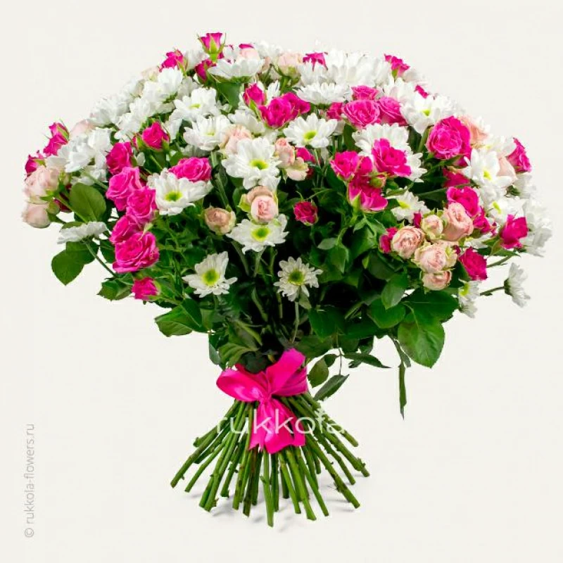 Букет из 7 красных роз и 4 белых кустовых хризантем в фирменной упаковке